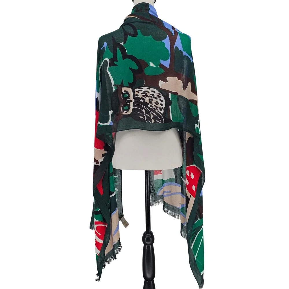 Kate Spade Scarf OS Green Woodland Fox Owl Mushroom Whimsical Cottagecore NWT